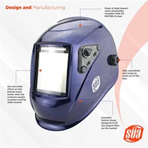 SÜA Welding Helmet - Model: Vector - Auto Darkening - Largest Viewing Area: 4" x 4" - Photovoltaic Powered - Ergonomic Headgear - Color: Blue