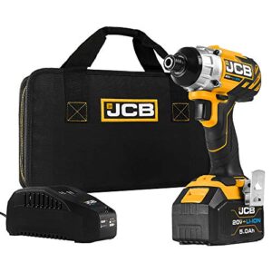jcb tools - jcb 20v cordless brushless impact driver power tool - 5.0ah battery, charger, zip case - compact screwdriver for home improvements and professionals, decking, removing bolts, long screws