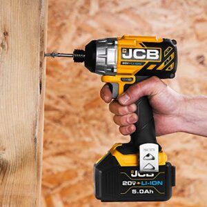 JCB Tools - JCB 20V Cordless Brushless Impact Driver Power Tool - 5.0Ah Battery, Charger, Zip Case - Compact Screwdriver For Home Improvements And Professionals, Decking, Removing Bolts, Long Screws