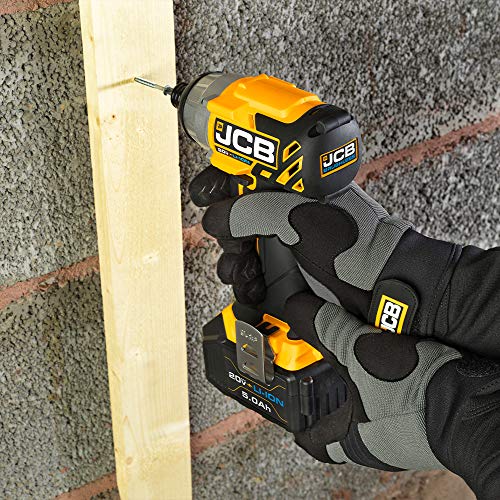 JCB Tools - JCB 20V Cordless Brushless Impact Driver Power Tool - 5.0Ah Battery, Charger, Zip Case - Compact Screwdriver For Home Improvements And Professionals, Decking, Removing Bolts, Long Screws