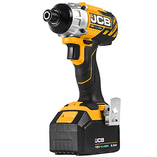 JCB Tools - JCB 20V Cordless Brushless Impact Driver Power Tool - 5.0Ah Battery, Charger, Zip Case - Compact Screwdriver For Home Improvements And Professionals, Decking, Removing Bolts, Long Screws