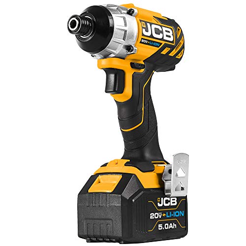 JCB Tools - JCB 20V Cordless Brushless Impact Driver Power Tool - 5.0Ah Battery, Charger, Zip Case - Compact Screwdriver For Home Improvements And Professionals, Decking, Removing Bolts, Long Screws