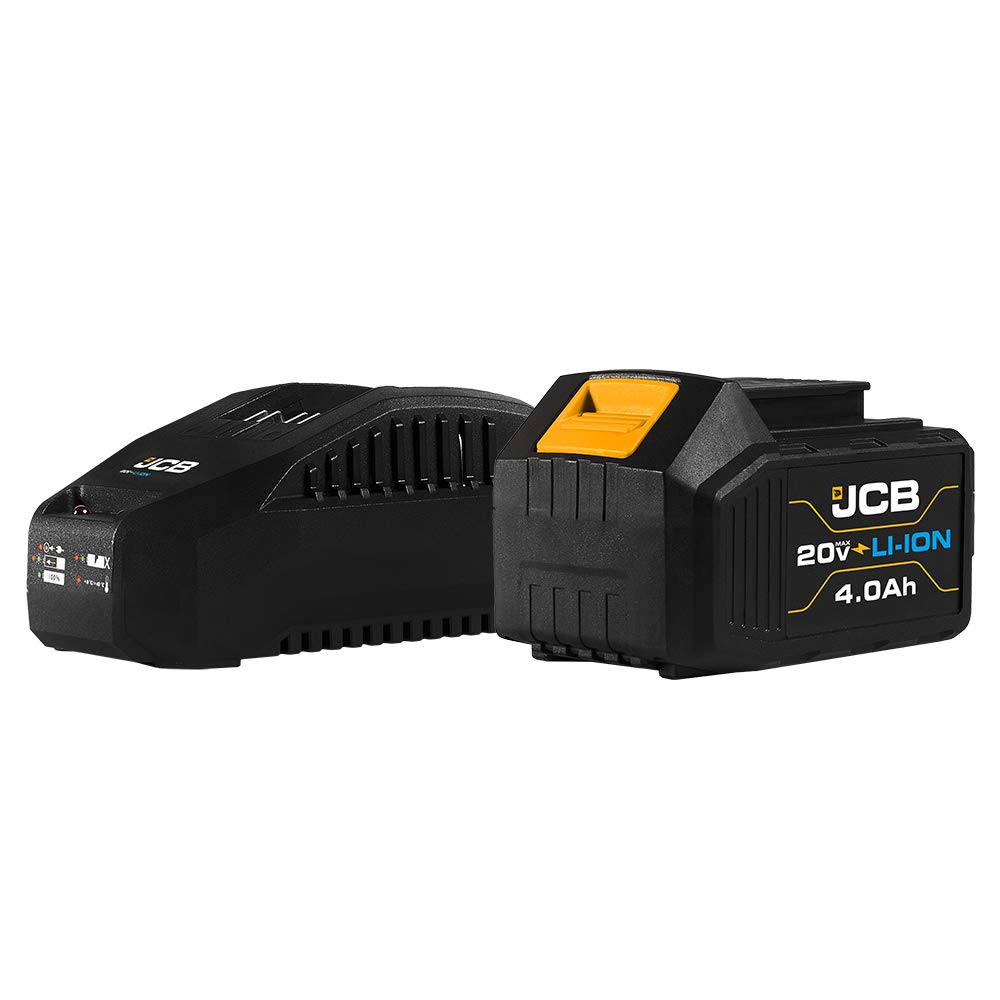 JCB Tools - JCB 20V Lithium-Ion 5.0Ah Battery With Charge Remaining Indicator And 2.4A Fast Charger - For JCB 20V Power Tools, Drills, Saws, Jigsaw, Angle Grinder, Miter Saw, LED Work Light, Recip Saw