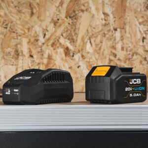 JCB Tools - JCB 20V Lithium-Ion 5.0Ah Battery With Charge Remaining Indicator And 2.4A Fast Charger - For JCB 20V Power Tools, Drills, Saws, Jigsaw, Angle Grinder, Miter Saw, LED Work Light, Recip Saw