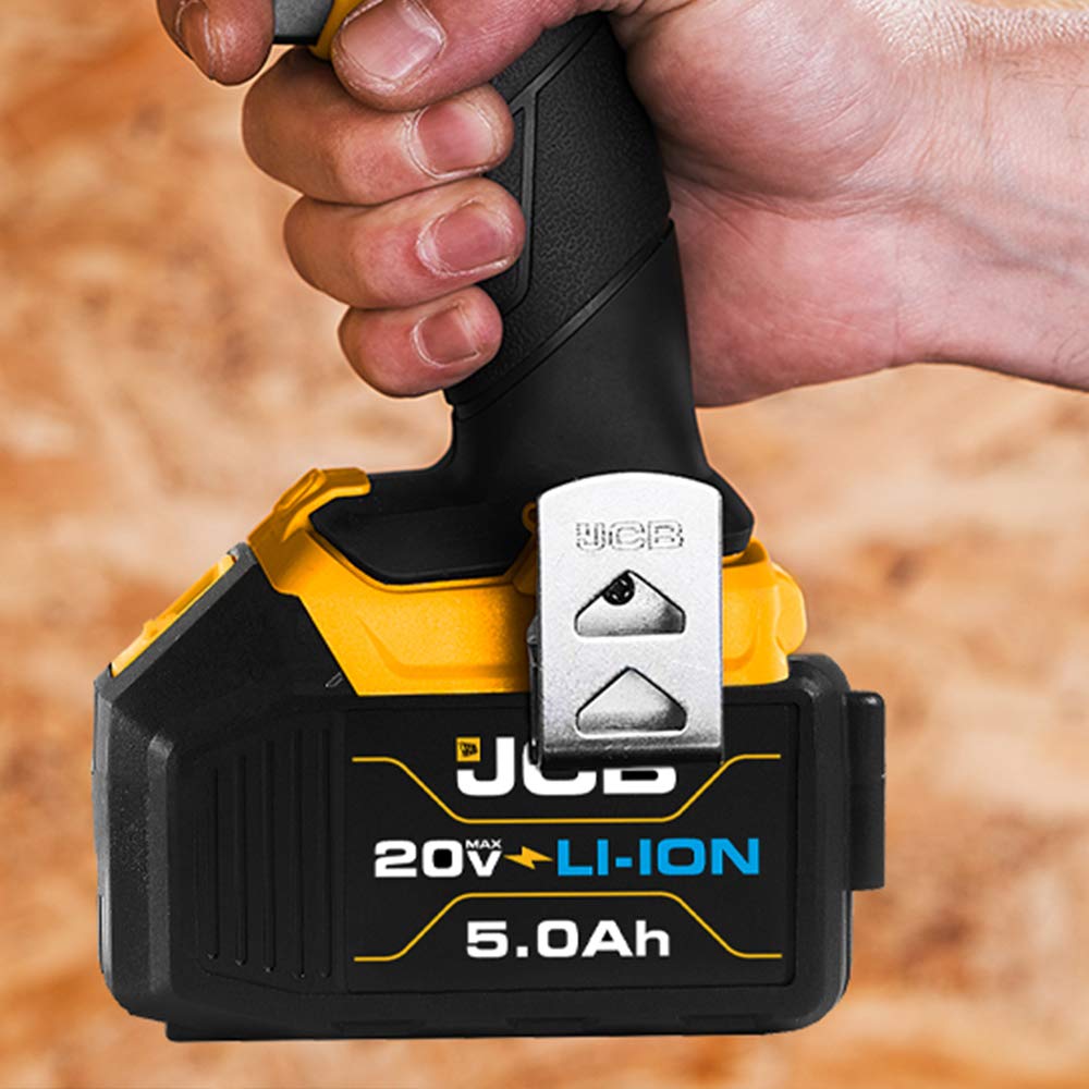 JCB Tools - JCB 20V Lithium-Ion 5.0Ah Battery With Charge Remaining Indicator And 2.4A Fast Charger - For JCB 20V Power Tools, Drills, Saws, Jigsaw, Angle Grinder, Miter Saw, LED Work Light, Recip Saw