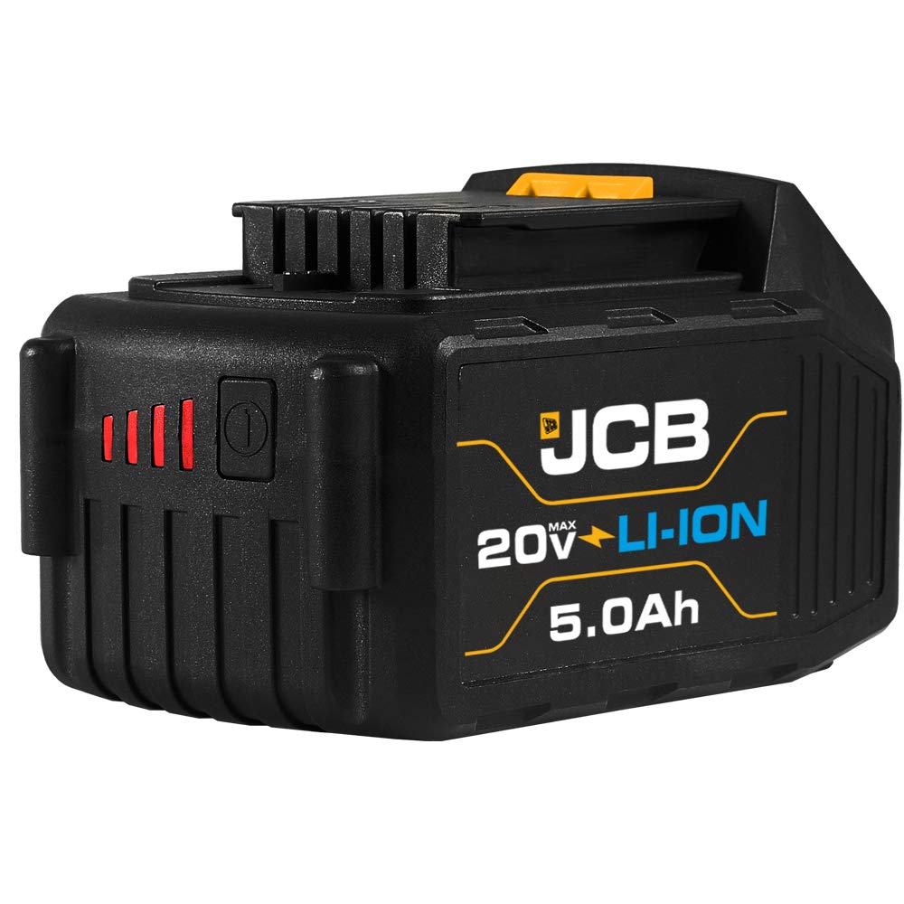 JCB Tools - JCB 20V Lithium-Ion 5.0Ah Battery With Charge Remaining Indicator And 2.4A Fast Charger - For JCB 20V Power Tools, Drills, Saws, Jigsaw, Angle Grinder, Miter Saw, LED Work Light, Recip Saw