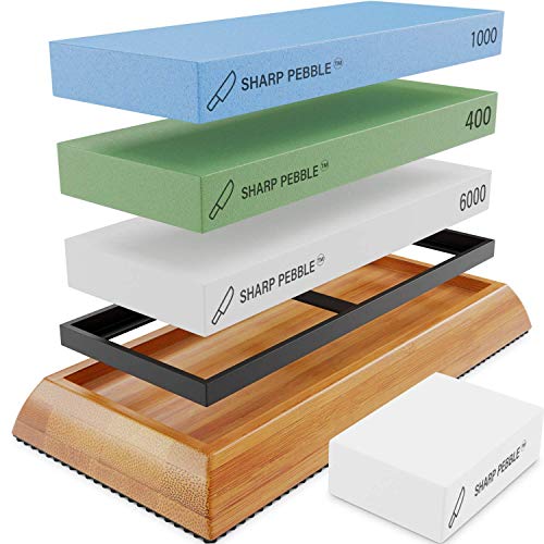 Sharp Pebble Knife Sharpening Stones Kit -Grits 400/1000/6000 Extra Large Whetstone- Wet Stone Knives Sharpener Set with NonSlip Bamboo Base & Flattening Stone