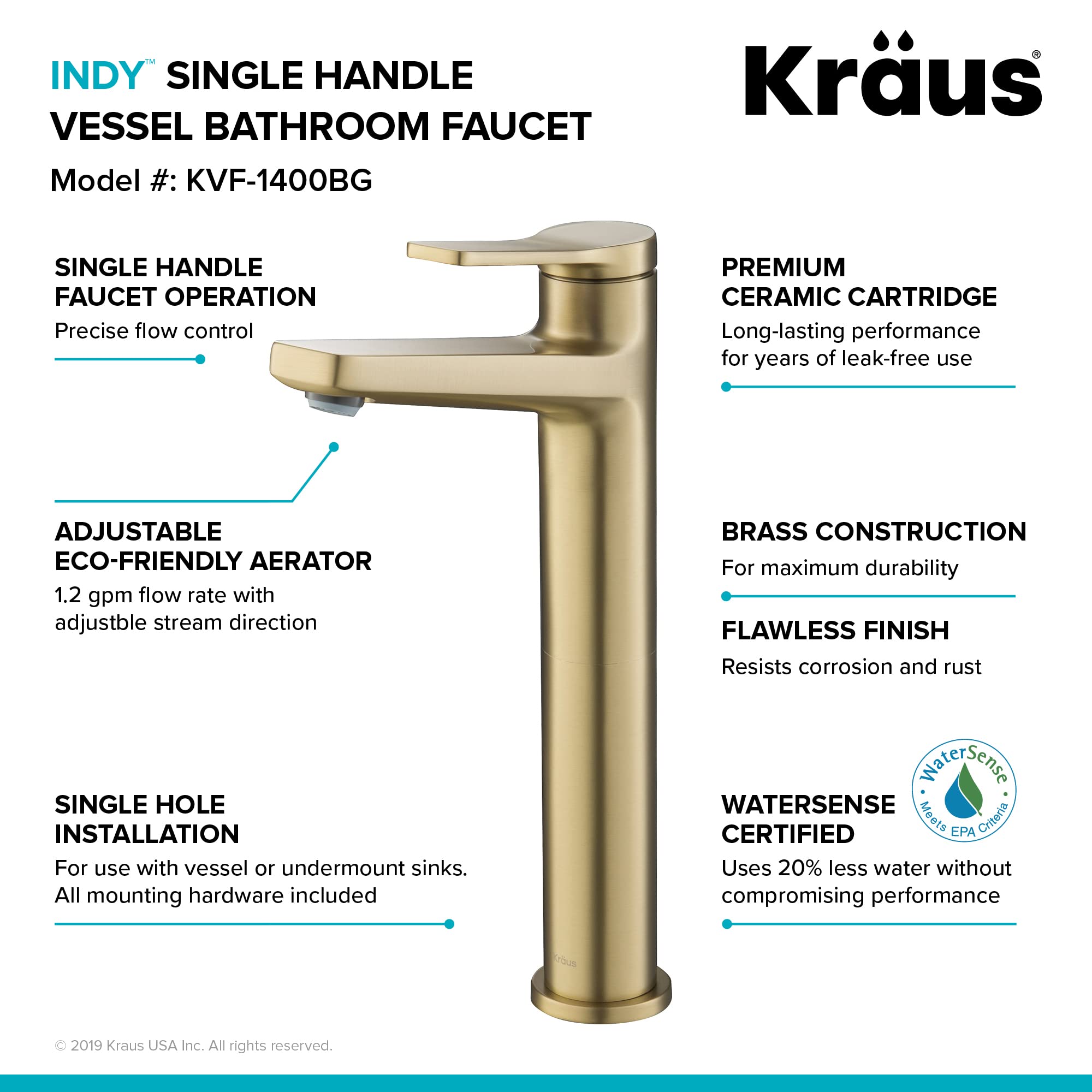 Kraus KVF-1400BG Indy Single Handle Vessel Bathroom Faucet, Brushed Gold