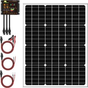 suner power 50 watts mono crystalline 12v solar panel kits - waterproof 50w solar panel + upgraded 10a solar charge controller + 3-pcs sae cable adapters for car rv marine boat trailer off grid system