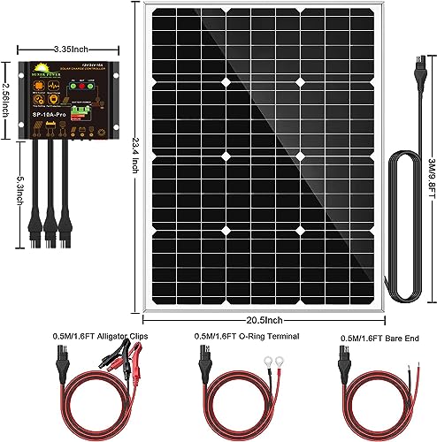 SUNER POWER 50 Watts Mono Crystalline 12V Solar Panel Kits - Waterproof 50W Solar Panel + Upgraded 10A Solar Charge Controller + 3-PCS SAE Cable Adapters for Car RV Marine Boat Trailer Off Grid System