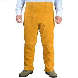 oncefirst welding safety chaps leather apron style adjustment split leg fire & wear resistant safety apparel yellow one size