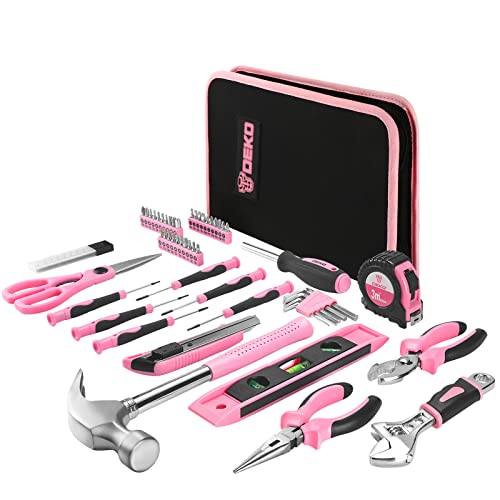 DEKO Pink Tool Set 110 Piece Household Tool Kit,Ladies Portable Tool Set with Easy Carrying Pouch, Perfect for DIY Projects, Home Maintenance