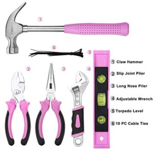 DEKO Pink Tool Set 110 Piece Household Tool Kit,Ladies Portable Tool Set with Easy Carrying Pouch, Perfect for DIY Projects, Home Maintenance