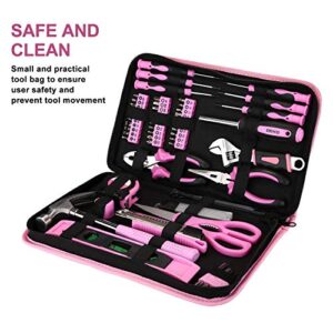 DEKO Pink Tool Set 110 Piece Household Tool Kit,Ladies Portable Tool Set with Easy Carrying Pouch, Perfect for DIY Projects, Home Maintenance