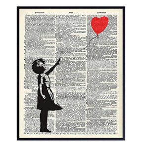 banksy wall art - upcycled dictionary graffiti art print, girl with balloon 8x10 street art poster, home decor - urban wall art print and room decorations - makes a great gift - 8x10 photo unframed