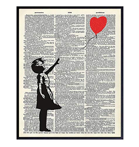 Banksy Wall Art - Upcycled Dictionary Graffiti Art Print, Girl With Balloon 8x10 Street Art Poster, Home Decor - Urban Wall Art Print and Room Decorations - Makes a Great Gift - 8x10 Photo Unframed