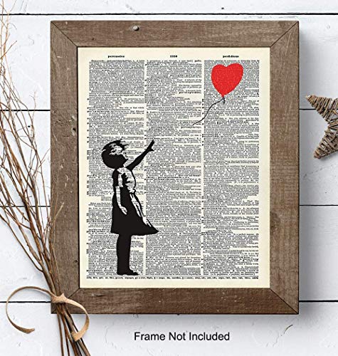 Banksy Wall Art - Upcycled Dictionary Graffiti Art Print, Girl With Balloon 8x10 Street Art Poster, Home Decor - Urban Wall Art Print and Room Decorations - Makes a Great Gift - 8x10 Photo Unframed