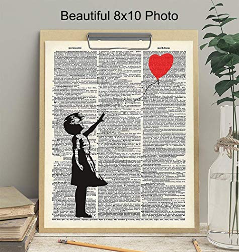 Banksy Wall Art - Upcycled Dictionary Graffiti Art Print, Girl With Balloon 8x10 Street Art Poster, Home Decor - Urban Wall Art Print and Room Decorations - Makes a Great Gift - 8x10 Photo Unframed