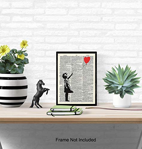 Banksy Wall Art - Upcycled Dictionary Graffiti Art Print, Girl With Balloon 8x10 Street Art Poster, Home Decor - Urban Wall Art Print and Room Decorations - Makes a Great Gift - 8x10 Photo Unframed