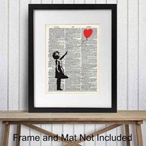 Banksy Wall Art - Upcycled Dictionary Graffiti Art Print, Girl With Balloon 8x10 Street Art Poster, Home Decor - Urban Wall Art Print and Room Decorations - Makes a Great Gift - 8x10 Photo Unframed