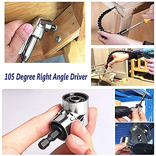 105 Degree Right Angle Driver Angle Extension Power Screwdriver Drill Attachment with 1/4 Drive 6mm Hex Bit Magnetic Drill Bit Socket Angled Bit Power Drill Tool and Soft Shaft