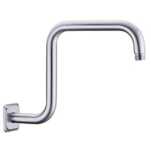 trustmi shower arm with flange, s shape 13 inch high rise stainless steel fixed shower head extension pipe arm replacement, brushed nickel