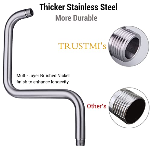 TRUSTMI Shower Arm with Flange, S Shape 13 Inch High Rise Stainless Steel Fixed Shower Head Extension Pipe Arm Replacement, Brushed Nickel