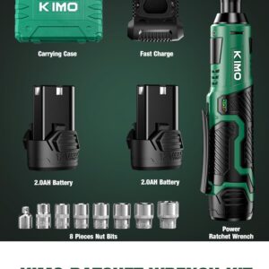 KIMO Cordless Electric Ratchet Wrench Set, 40 Ft-lbs, 400 RPM, 3/8" 12V Cordless Ratchet Kit w/ 60-Min Fast Charge, Variable Speed Trigger, 2-Pack Lithium-Ion Batteries, 8 Sockets
