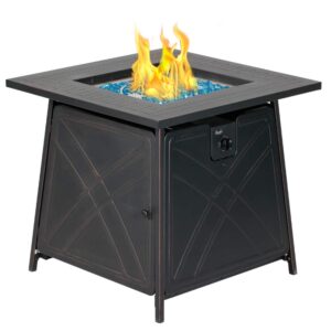 bali outdoors gas firepit table, 28 inch 50,000 btu square outdoor propane fire pit table with lid and blue fire glass