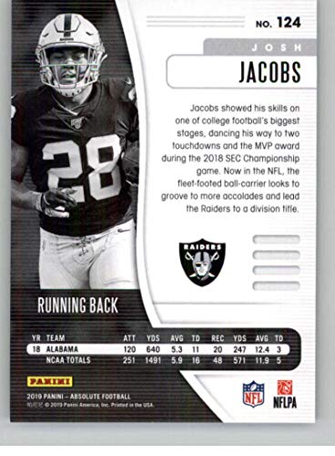 2019 Absolute Football #124 Josh Jacobs RC Rookie Card Oakland Raiders Official NFL Trading Card From Panini America in Raw (NM or Better) Condition