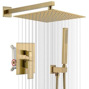 iriber champagne bronze rain shower system with 12 inch shower head and handheld bathroom wall mounted brushed golden shower set contain shower faucet mixer and brush gold trim kit (valve included)
