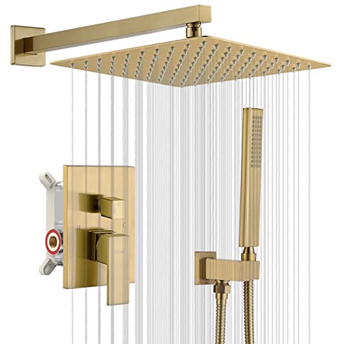 Iriber Champagne Bronze Rain Shower System with 12 Inch Shower Head and Handheld Bathroom Wall Mounted Brushed Golden Shower Set Contain Shower Faucet Mixer and Brush Gold Trim Kit (Valve Included)