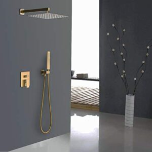 Iriber Champagne Bronze Rain Shower System with 12 Inch Shower Head and Handheld Bathroom Wall Mounted Brushed Golden Shower Set Contain Shower Faucet Mixer and Brush Gold Trim Kit (Valve Included)