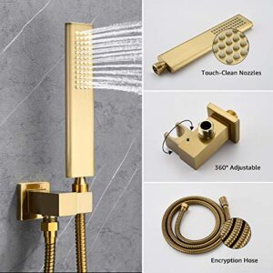 Iriber Champagne Bronze Rain Shower System with 12 Inch Shower Head and Handheld Bathroom Wall Mounted Brushed Golden Shower Set Contain Shower Faucet Mixer and Brush Gold Trim Kit (Valve Included)