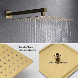 Iriber Champagne Bronze Rain Shower System with 12 Inch Shower Head and Handheld Bathroom Wall Mounted Brushed Golden Shower Set Contain Shower Faucet Mixer and Brush Gold Trim Kit (Valve Included)