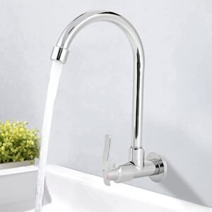 Kitchen Faucet, Water Sink Faucet Single-Tube Cold Wall-Mounted, 360° Rotatable G1/2inch Water Kitchen Tap Without Hose, Copper Outlet, Silver(Wall-Mount, No Basin Faucet)