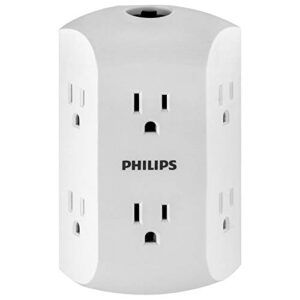 philips 6-outlet extender with resettable circuit breaker, grounded adapter, multi outlet wall charger, side access, space saving design, wall tap, white, sps1460wh/37