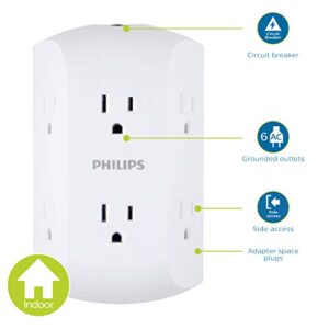 PHILIPS 6-Outlet Extender with Resettable Circuit Breaker, Grounded Adapter, Multi Outlet Wall Charger, Side Access, Space Saving Design, Wall Tap, White, SPS1460WH/37