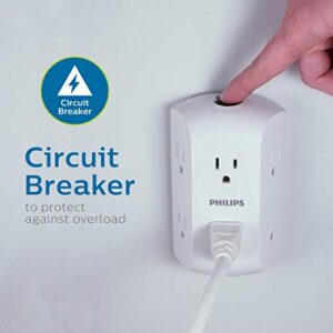 PHILIPS 6-Outlet Extender with Resettable Circuit Breaker, Grounded Adapter, Multi Outlet Wall Charger, Side Access, Space Saving Design, Wall Tap, White, SPS1460WH/37