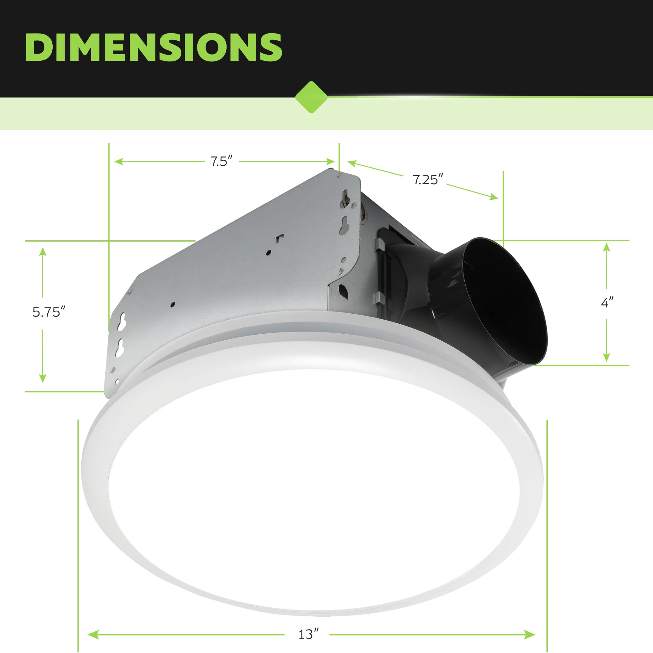 Homewerks 7141-80 Bathroom Fan Integrated LED Light Ceiling Mount Exhaust Ventilation 1.1 Sones 80 CFM, White