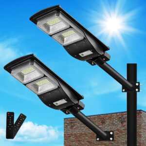 lovus 2pack 500w solar powered street lights, 6000k led dusk to dawn, outdoor flood security light with motion sensor, ip65 waterproof, wall or pole mount, st40-039-2