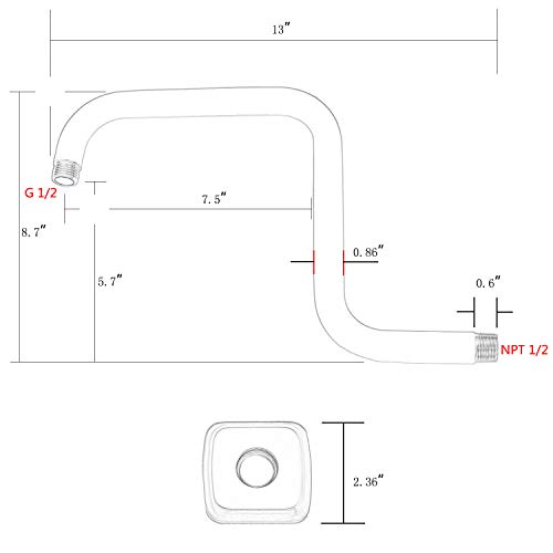 TRUSTMI 13 Inch Shower Arm with Flange S Shape Shower Head High Rise Extension Replacement Pipe, Stainless Steel, Chrome