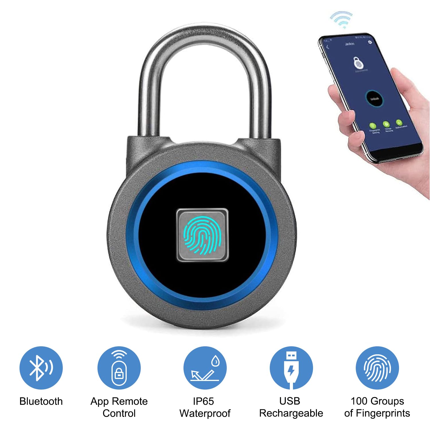 Fingerprint Padlock, Bluetooth Lock, Mobile APP, MEGAFEIS Smart Padlock with Keyless Biometric, Water Resistant, Suitable for Gym, Sports, Bike, School, Fence and Storage(Blue)