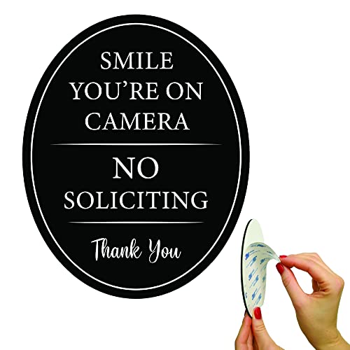 All Hung Up 4" x 5" Smile You're on Camera & No Soliciting Sign for House, 3M Self-Adhesive for Door,Window,Wall, Durable Quality Aluminum Metal Surface, Home,Business,Office, Thank You, Black