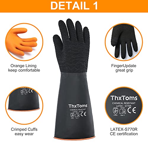 ThxToms Heavy Duty Rubber Gloves, Versatile Latex Chemical Resistant Gloves, Upgraded with Anti-Slip Design, Soft and Thick, 22" 1 Pair