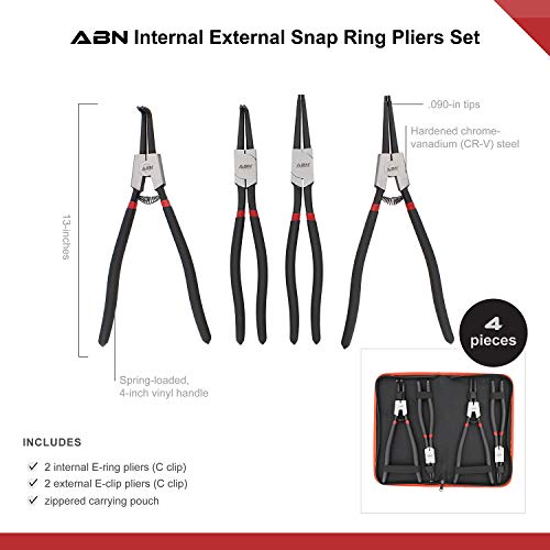 ABN Extra Long Snap Ring Pliers Set - 4pc Lock Ring Pliers with 4mm Tips for Internal and External O and Circlip Removal