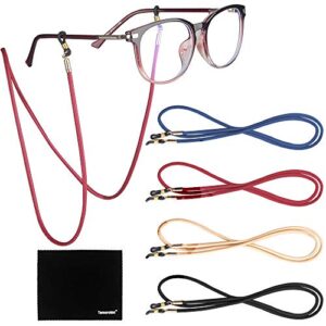 tomorotec [4 pack] eyeglasses holder strap cord, eyeglass retainer, premium pu leather eyeglasses string holder chain necklace, glasses cord lanyard with free microfiber cleaning cloths (4 colors)