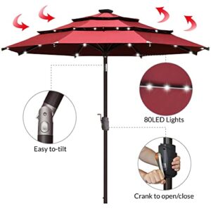 EliteShade USA 10-Year-Non-Fading Sunumbrella Solar 9ft 3 Tiers Market Umbrella with 80 LED Lights Patio Umbrellas Outdoor Table with Ventilation,Burgundy