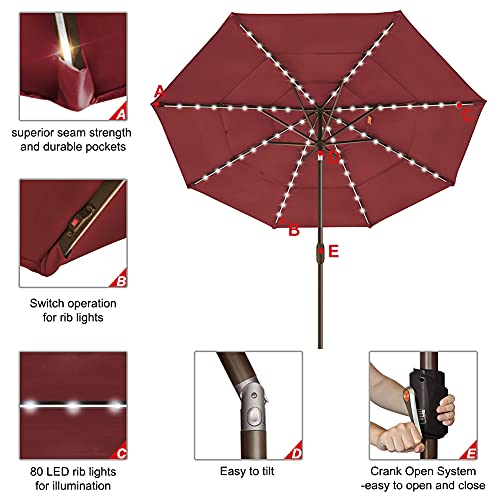 EliteShade USA 10-Year-Non-Fading Sunumbrella Solar 9ft 3 Tiers Market Umbrella with 80 LED Lights Patio Umbrellas Outdoor Table with Ventilation,Burgundy