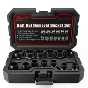 eapele bolt extractor set, stripped nut remover twist sockets, fit 3/8" square drive with solid storage case (13pcs, black)